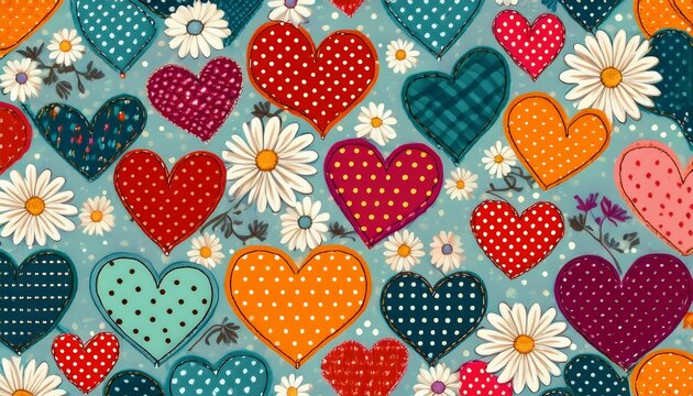 colorful patchwork hearts and daisies seamless pattern playful retro design polka dot hearts