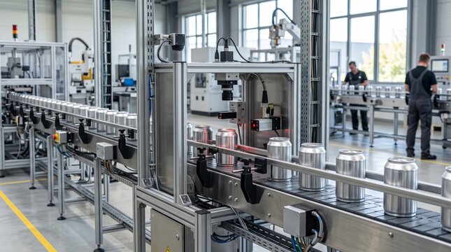 A modern automated production line in a factory, showcasing precision engineering with workers monitoring the process.