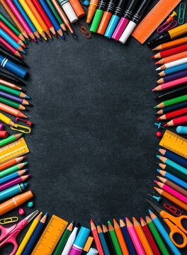 School supplies and colorful pencils on a chalkboard background with border frame