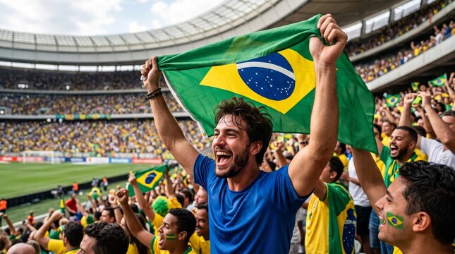 A joyful Brazilian man celebrates in a stadium, waving the national flag during an exciting soccer match.