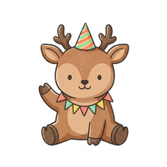 Obraz premium Cute Textured Deer Birthday Party Clipart — Baby Deer with Party Hat and Garland Illustration 