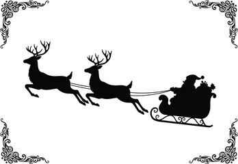 Christmas silhouette of Santa Claus in sleigh with reindeer and decorative frame, festive holiday illustration for winter celebrations © ZAHID CREATIVE