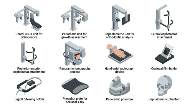 Isometric dental and orthodontic imaging equipment icon set featuring CBCT, panoramic tomography, cephalometric units, and radiography devices for medical design and presentations