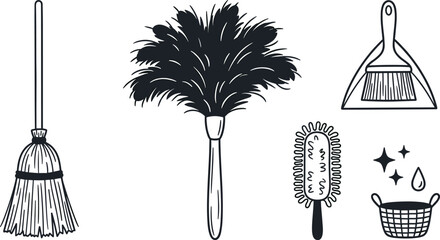 Household cleaning tools collection featuring broom feather duster scrub brush and dustpan vector illustration set © sumi