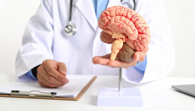 Close up hand Doctor with a human brain anatomy model. World Brain Tumor Day, Brain Stroke, Dementia, Alzheimer's, Parkinson's, mental health, neurological disorders and the concept of Dementia