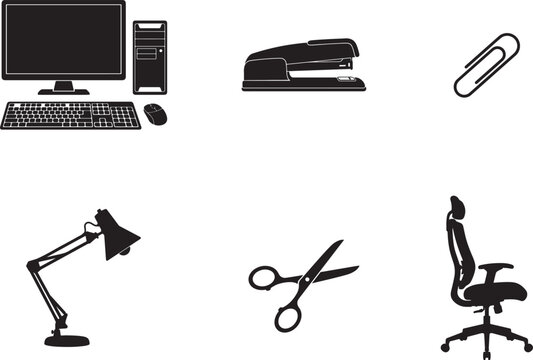 Office Supply Silhouette Vector Icon Set for Business and Workplace Design