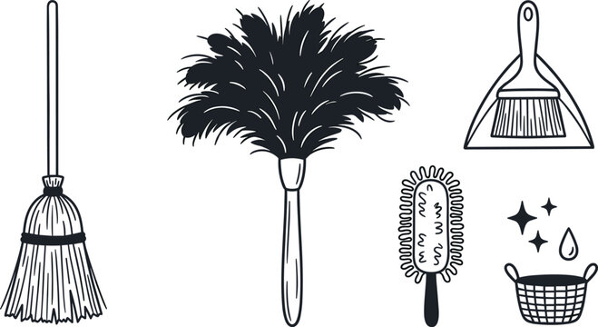 Household cleaning tools collection featuring broom feather duster scrub brush and dustpan vector illustration set