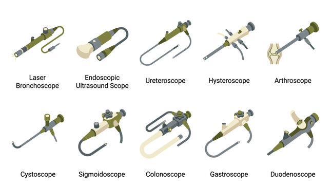 Isometric Medical Endoscope Icon Set featuring Bronchoscope Colonoscope Gastroscope and Arthroscope for Clinical Education and Healthcare Presentations