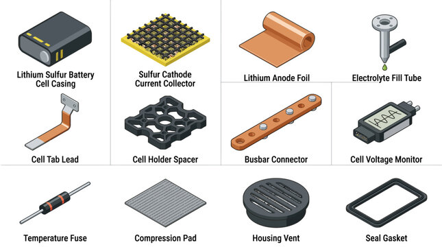 Isometric Lithium Sulfur Battery Cell Components Icon Set with casing, anode foil, cathode current collector, busbar, and voltage monitor for engineering infographics and presentations