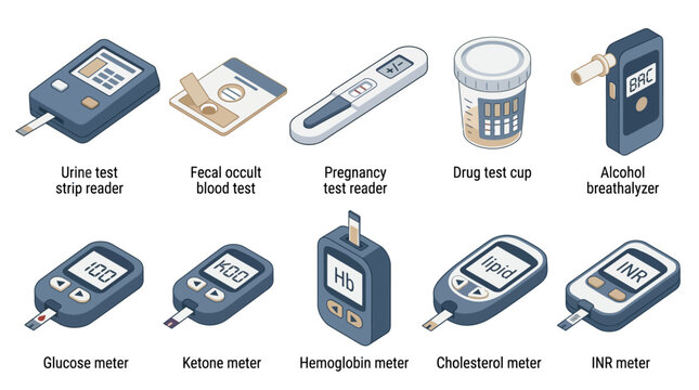 Isometric Medical Diagnostic Devices and Self Testing Kit Icon Set featuring Glucose Meter, Breathalyzer, Pregnancy Test, and Urine Analysis for Healthcare Infographics