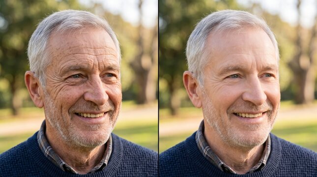 Smiling elderly Caucasian man showcasing the effects of aging and rejuvenation side by side in a serene outdoor setting.
