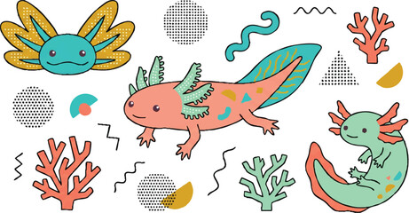 Obraz premium Colorful Axolotl and Sea Creatures Illustration.