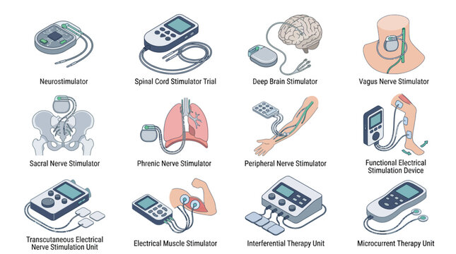 Medical stimulator device isometric icon set featuring neurostimulator, TENS unit, deep brain, spinal cord, vagus nerve, and electrical muscle stimulators for healthcare infographics
