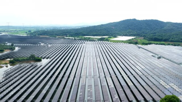 Aerial view of fishery-solar complementary photovoltaic power station on water