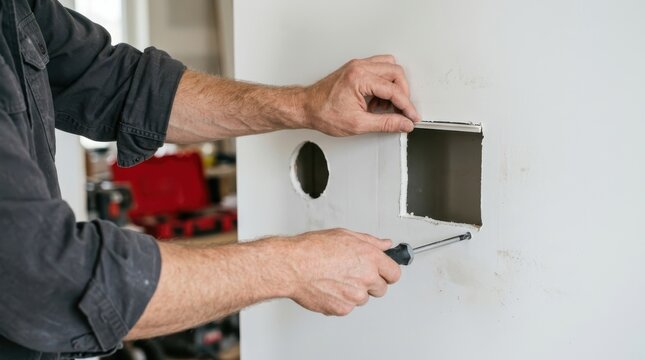 Construction worker installing a wall outlet in a new home