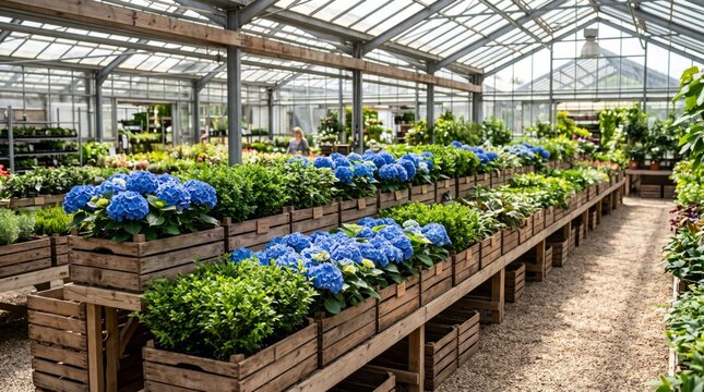 Vibrant blue hydrangeas in a well-lit greenhouse, surrounded by lush greenery and blooming flowers.