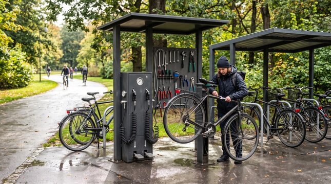 A young adult male fixing his bicycle at a repair station in a park surrounded by trees and other cyclists.