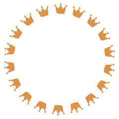 Gold crown round frame with fairytale princess tiara icons on white background for birthday party invitations, nursery wall art, prints stickers, greeting card. © Jennie