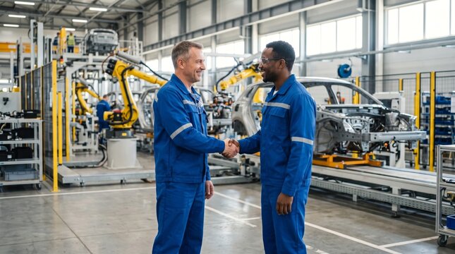 Two skilled male workers of diverse backgrounds shake hands in a modern automotive factory, demonstrating collaboration and teamwork.