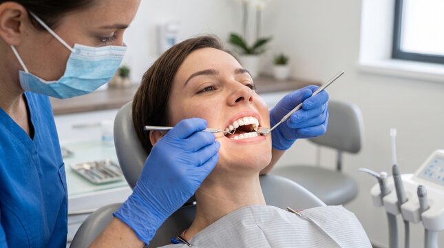 Female dentist performing an oral examination on a young woman in a modern dental clinic.