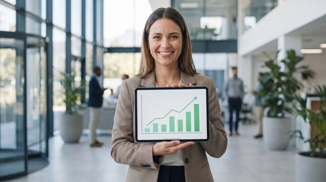 A confident woman holding a tablet displaying a growth chart in a modern office setting, promoting professional success.