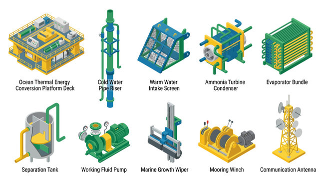 Isometric Ocean Thermal Energy Conversion OTEC Component Icon Set featuring Platform Deck Pipe Riser Turbine Condenser Evaporator Pump and Antenna Vector Illustration for Infographics