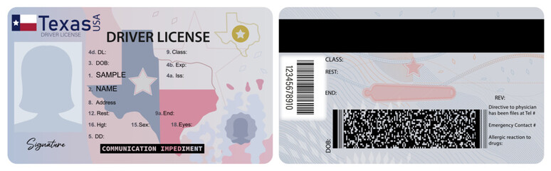 Texas driver's license front and back sample illustration. Driver's license isolated on white background. Person driver license with female silhouette © Mariia