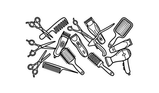 Dynamic hair styling tools vector pattern composition, bold line art, black and white minimalist salon items.
