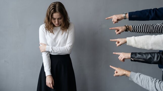 Young Woman Feeling Isolated and Pointed At By Multiple Hands Accusingly