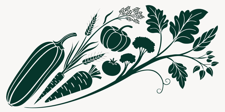 Assorted fresh garden vegetables and wheat stalks decorative graphic with vegetable zucchini broccoli agriculture nutrition vegetarian botanical