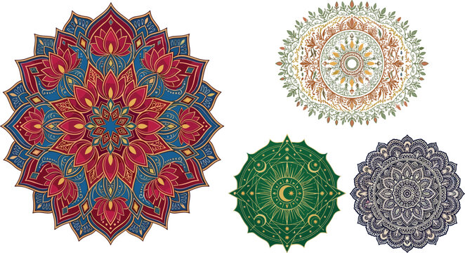 ntricate circular mandala vector set featuring traditional bohemian floral patterns celestial moon stars and ethnic geometric designs for meditation yoga and relaxation backgrounds