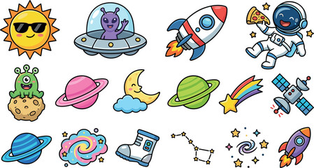 Cute outer space cartoon vector collection featuring astronaut eating pizza rocket alien ufo sun moon planets stars and constellations for kids educational sticker designs © SARIFA