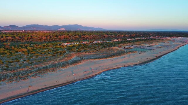Golden Hour Aerial View of a Mediterranean Beach and Pine Forest