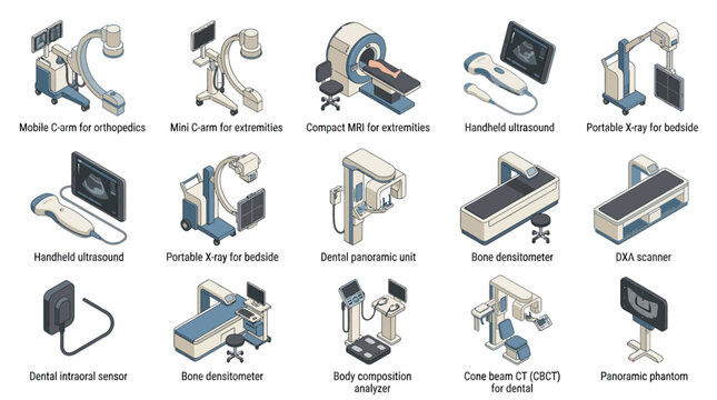 Isometric Medical Imaging Equipment Icon Set featuring MRI, X-ray, Ultrasound, and Dental Diagnostic Devices for Healthcare Presentations and Graphic Design