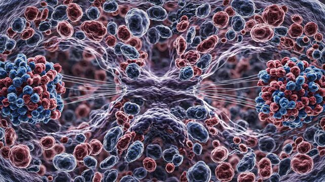 Eukaryotic cell splitting mitosis with chromosomes aligning and separating spindle fibers attached vibrant microscopic view showing dynamic cellular