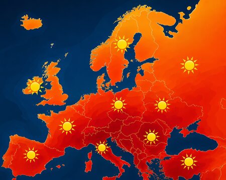 Europe heatwave map with red orange temperature layer, sun alert icons and deep blue sea, showing extreme heat, weather warning, climate change and summer heat risk across European countries