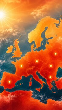 Europe heatwave map with red orange temperature zones, sun warning icons and bright sky, showing extreme heat, climate change and public health risk across European countries during hot summer weather