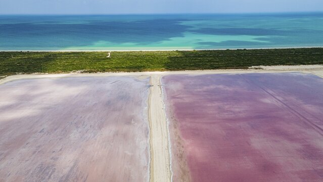 Aerial of the colourful salinas of Las Coloradas, Yucatan, Mexico