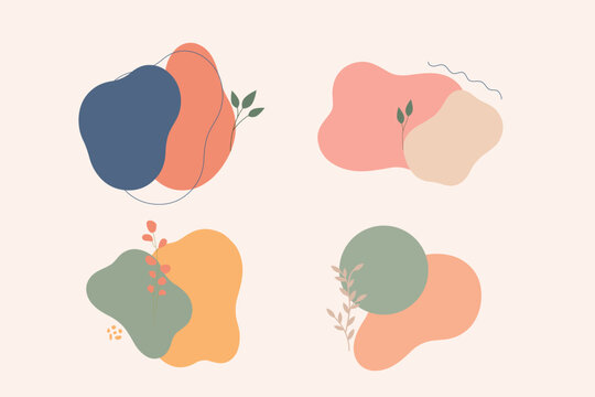 Abstract minimalist organic compositions set with flat pastel color shapes elegant line art botanical leaves and subtle terrazzo dots on cream background