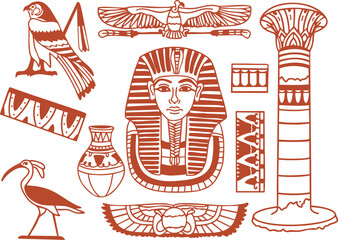 A set of vector linear illustrations on the history and culture of Egypt: pharaoh, gods, architectural column, patterns and ornaments, sacred ibis, vase and archeology. © doa_yagoda