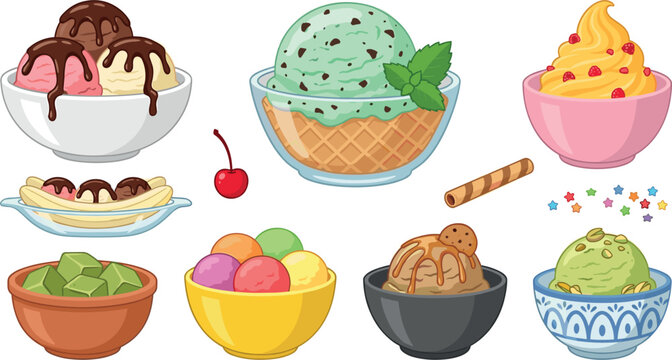 Colorful ice cream scoops and frozen yogurt bowls vector set featuring mint chocolate chip banana split matcha and toppings for summer dessert menu card designs