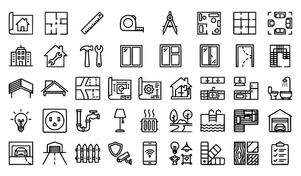 Home Planning Line Icon Set with Architecture Interior Layout and House Design Editable Stroke Vector Collection