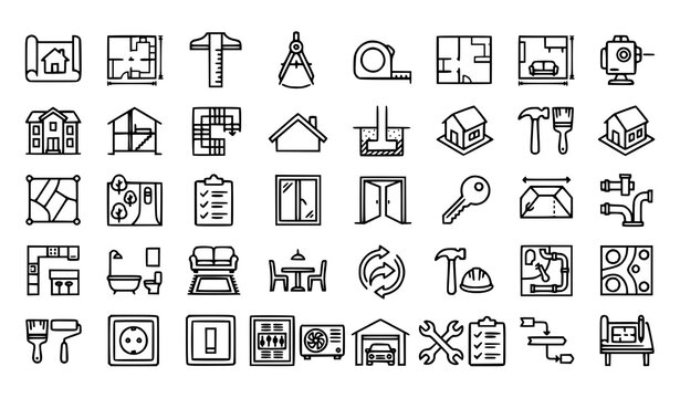 Home Planning Line Icon Set with Architecture Interior Layout and House Design Editable Stroke Vector Collection
