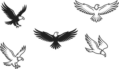 Fototapeta premium Eagle silhouette and outline collection featuring flying birds of prey tattoo and emblem vector illustration set