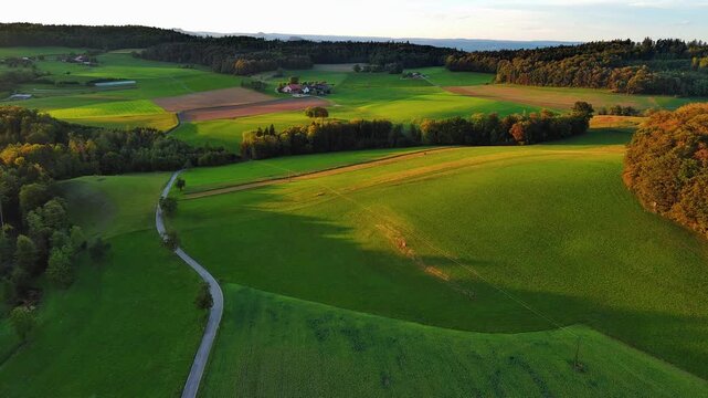 Aerial Drone Flight Over Green Fields at Golden Hour Sunset