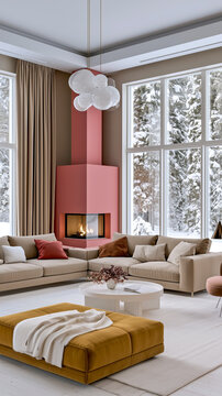 Home interior design, modern Xmas living room, winter time. Dopamine 