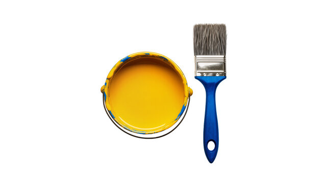 Isolated yellow paint can filled with vibrant liquid paint and a blue handled paintbrush