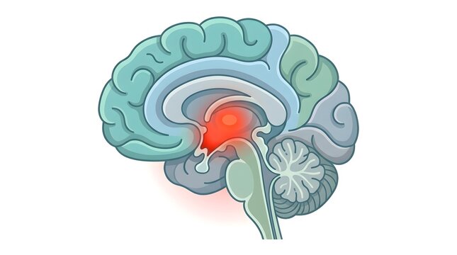 Sagittal view of human brain with highlighted red area indicating pain or problem.