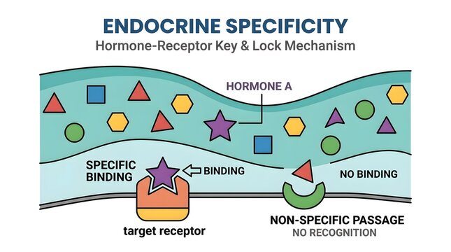 Illustration of endocrine specificity showing the hormone-receptor key and lock mechanism with specific binding and non-specific passage.