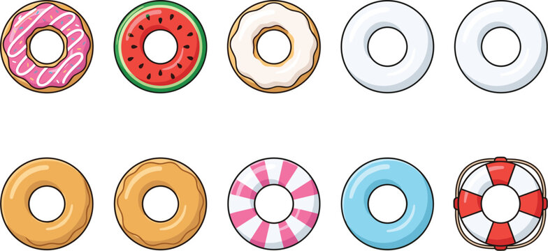 Inflatable swim ring vector set featuring colorful pool floats donut watermelon striped lifebuoy designs isolated on white background.